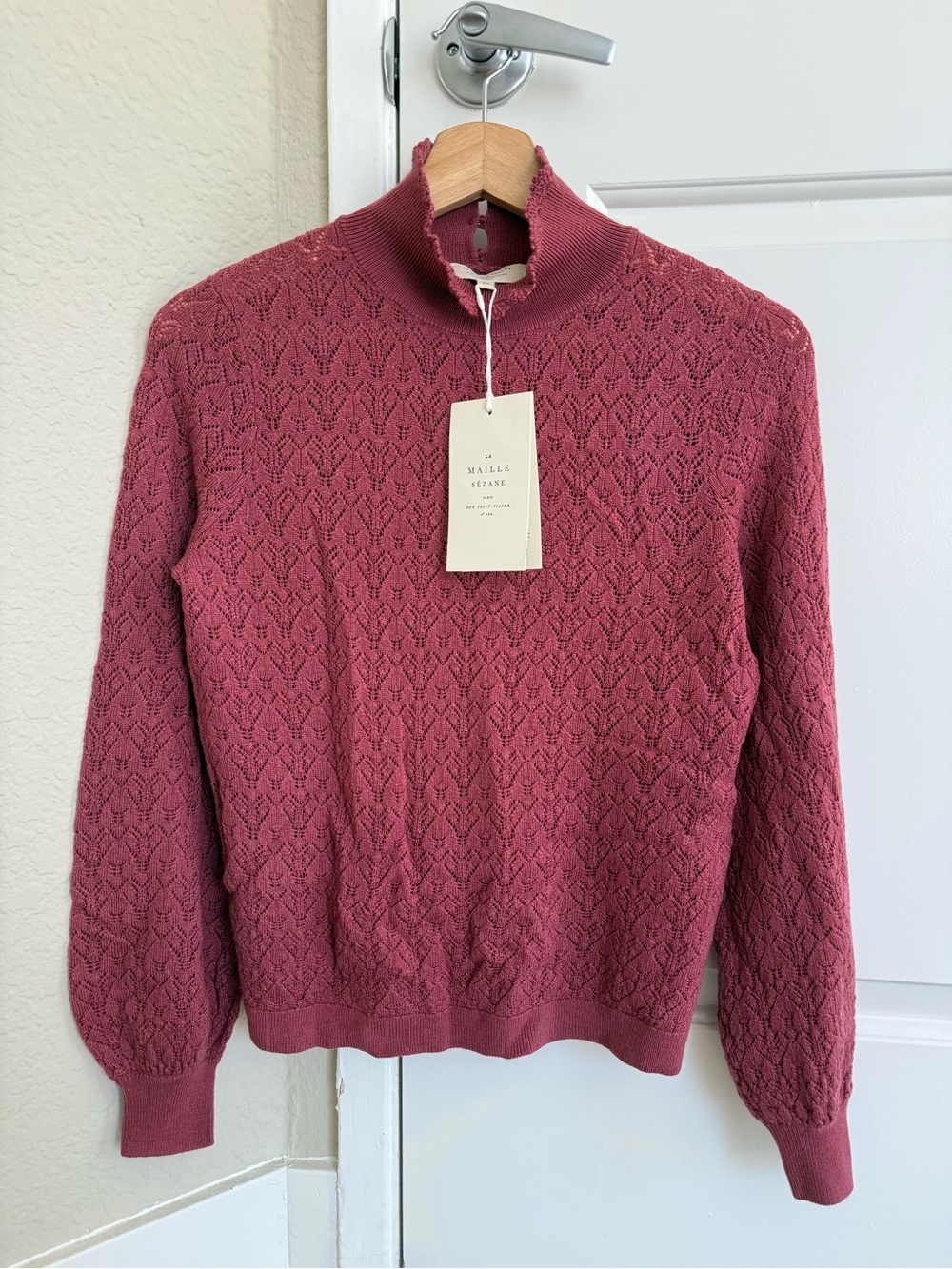 Sezane Arielle Rosewood Sweater with high mock neck 100% merino wool knit